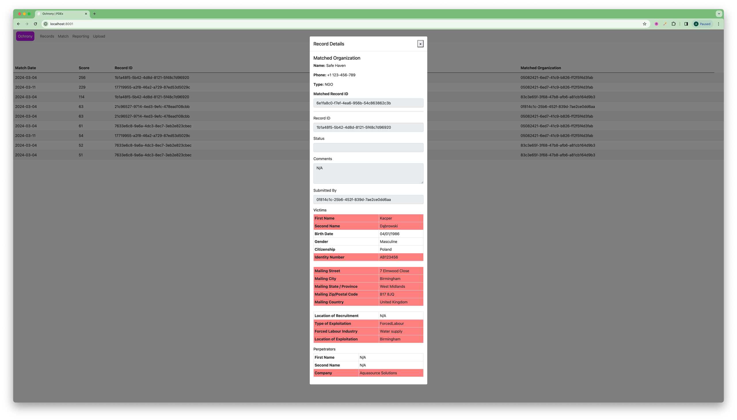 hope for justice private data exchange screenshot